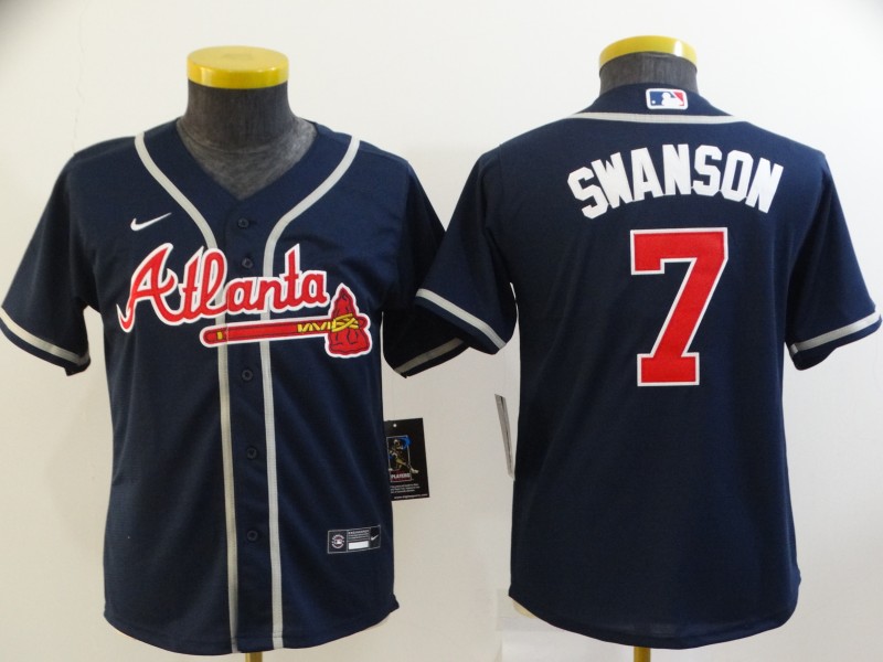 2021 Youth Atlanta Braves 7 Swanson blue Nike Game MLB Jerseys